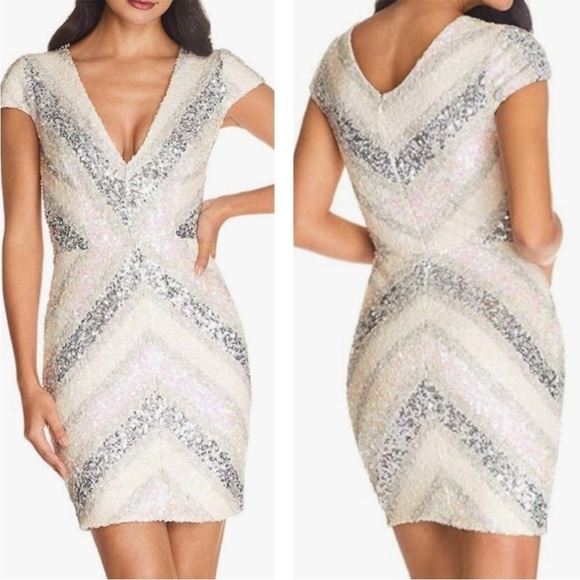 Dress the Population Zoe White Silver Sequin Deep V Cap Sleeve Dress Size Large - Picture 9 of 14